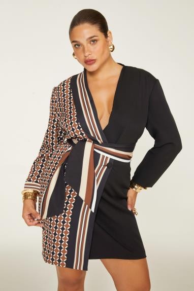 VESTIDO BLAZER TRANSPASSADO COM ESTAMPADO LATERAL - 0251 -