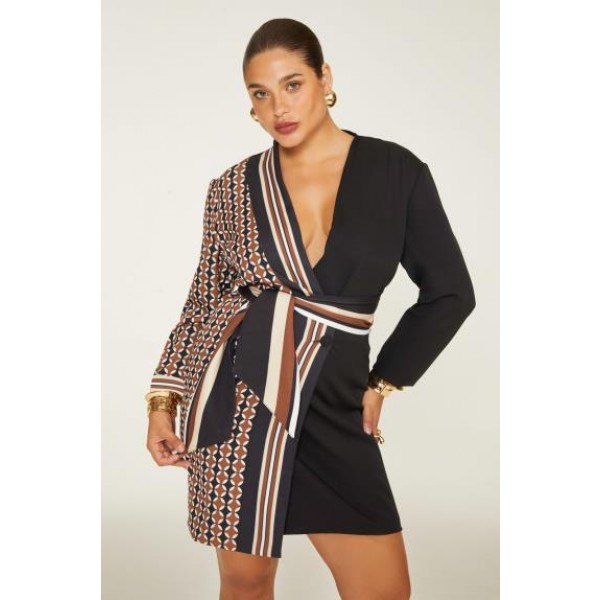 VESTIDO BLAZER TRANSPASSADO COM ESTAMPADO LATERAL - 0251 -