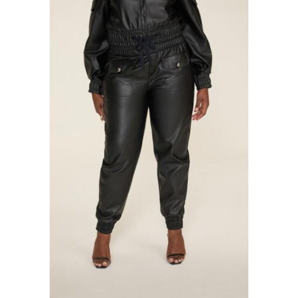 CALÇA JOGGER DE COURO COM CÓS LARGO COM ELÁSTICO - 100 -